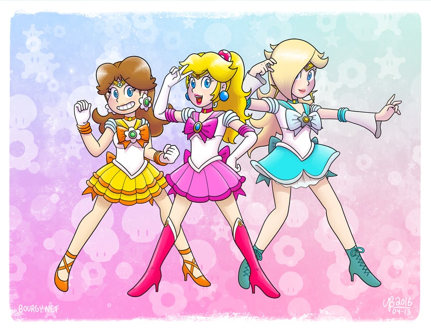 princess peach, rosalina, and princess daisy (mario and 1 more) drawn by thebourgyman