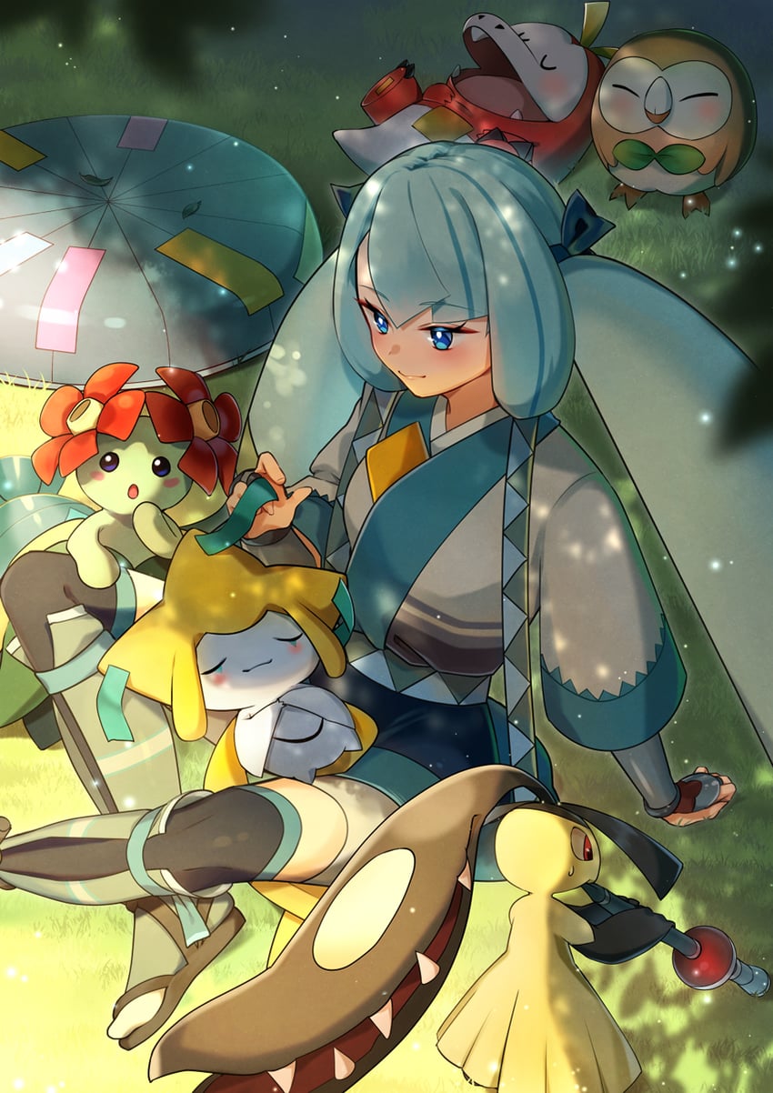 hatsune miku, rowlet, jirachi, fuecoco, mawile, and 2 more (pokemon and 2 more) drawn by kyashii_(a3yu9mi)