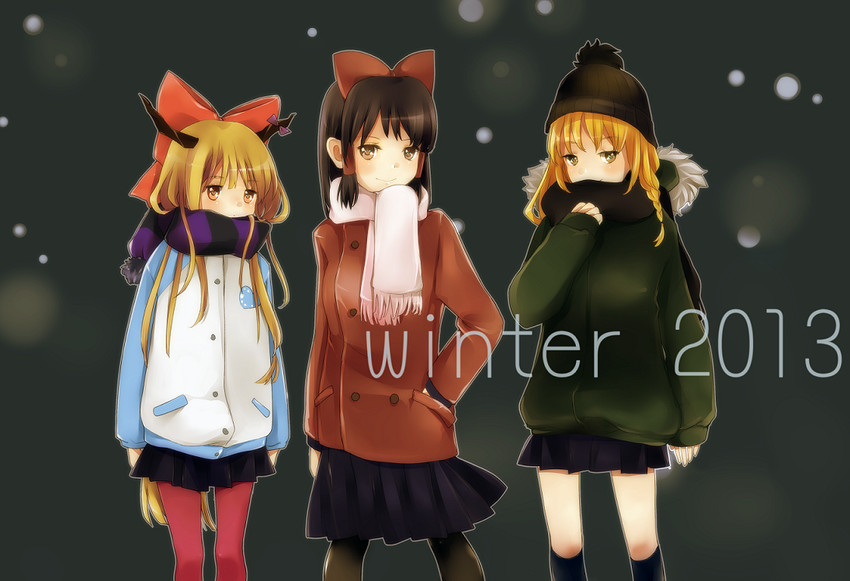 hakurei reimu, kirisame marisa, and ibuki suika (touhou) drawn by co_(eselisapyon)