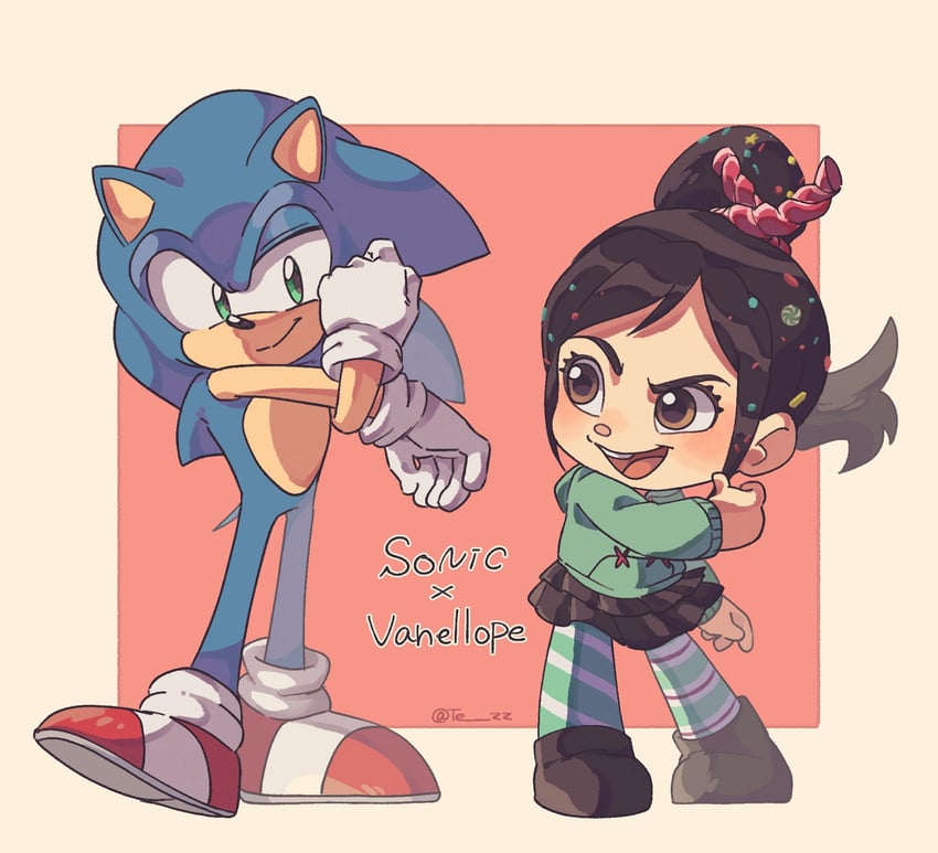 sonic the hedgehog and vanellope von schweetz (sonic and 1 more) drawn by tezz