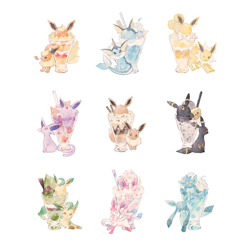 eevee, sylveon, umbreon, glaceon, vaporeon, and 4 more (pokemon) drawn by ryokuno_green