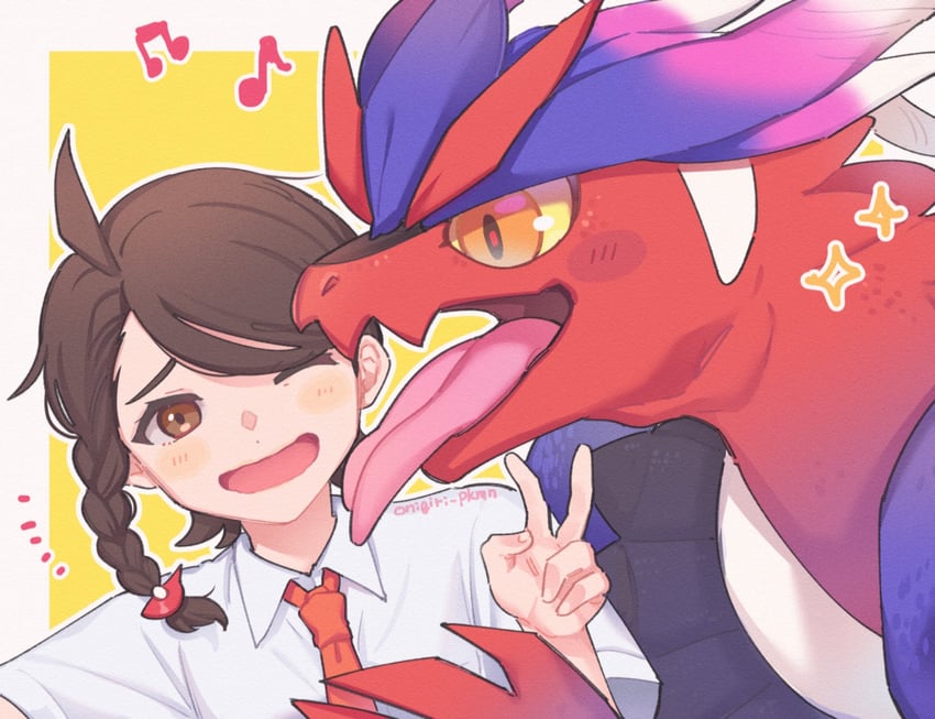 juliana and koraidon (pokemon and 1 more) drawn by meshi_(onigiri_pkmn)