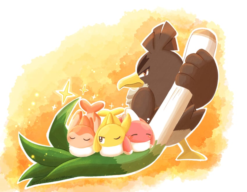 tatsugiri and galarian farfetch'd (pokemon) drawn by shuri_(syurigame)