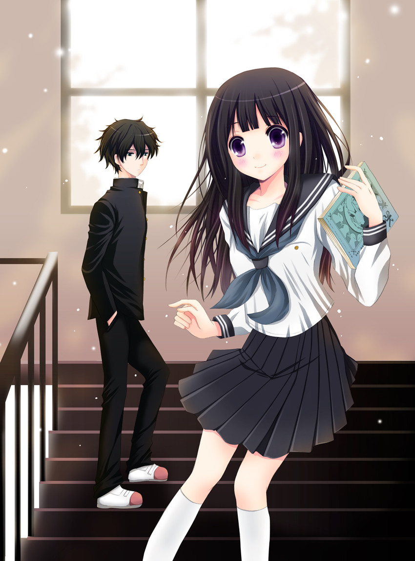 chitanda eru and oreki houtarou (hyouka) drawn by tokora