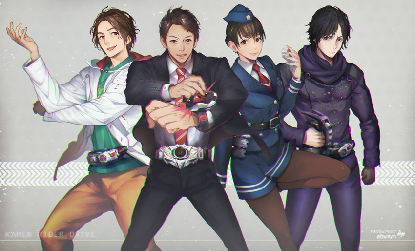 shijima kiriko, chase, tomari shinnosuke, shijima gou, and belt-san (kamen rider and 1 more) drawn by fuziwara_ayumu