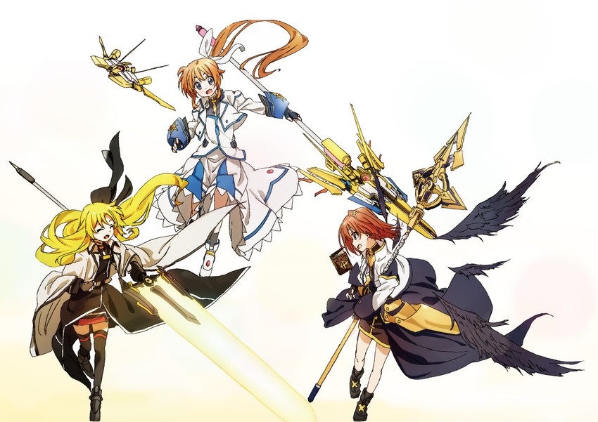 fate testarossa, takamachi nanoha, yagami hayate, raising heart, bardiche, and 2 more (lyrical nanoha and 1 more) drawn by bygddd5