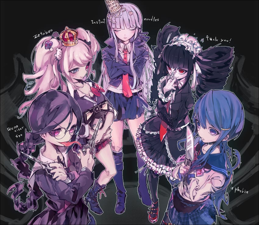 kirigiri kyoko, enoshima junko, celestia ludenberg, maizono sayaka, fukawa toko, and 2 more (danganronpa and 1 more) drawn by kitaya