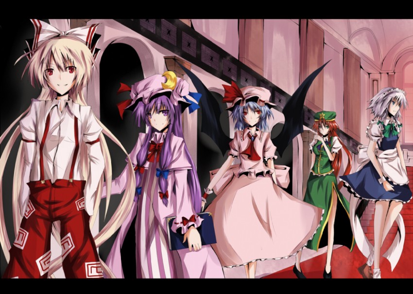 remilia scarlet, izayoi sakuya, patchouli knowledge, fujiwara no mokou, and hong meiling (touhou) drawn by ram_hachimin