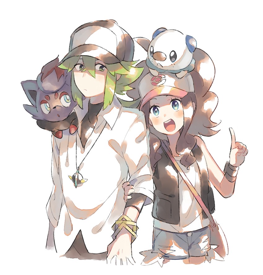 hilda, n, oshawott, and zorua (pokemon and 1 more) drawn by unapoppo