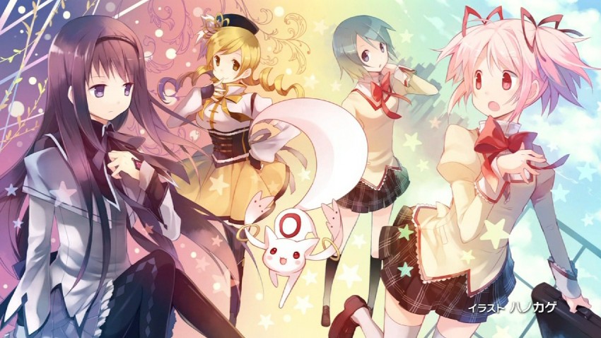 akemi homura, kaname madoka, miki sayaka, tomoe mami, and kyubey (mahou shoujo madoka magica) drawn by hanokage