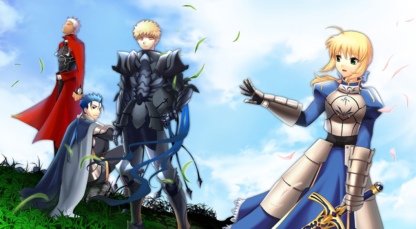 artoria pendragon, saber, emiya shirou, cu chulainn, archer, and 1 more (fate and 2 more) drawn by arisu_shiria