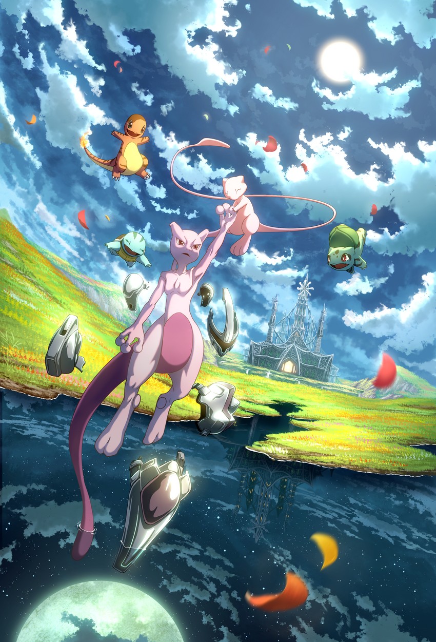 bulbasaur, squirtle, charmander, mew, mewtwo, and 3 more (pokemon and 1 more) drawn by karamimame