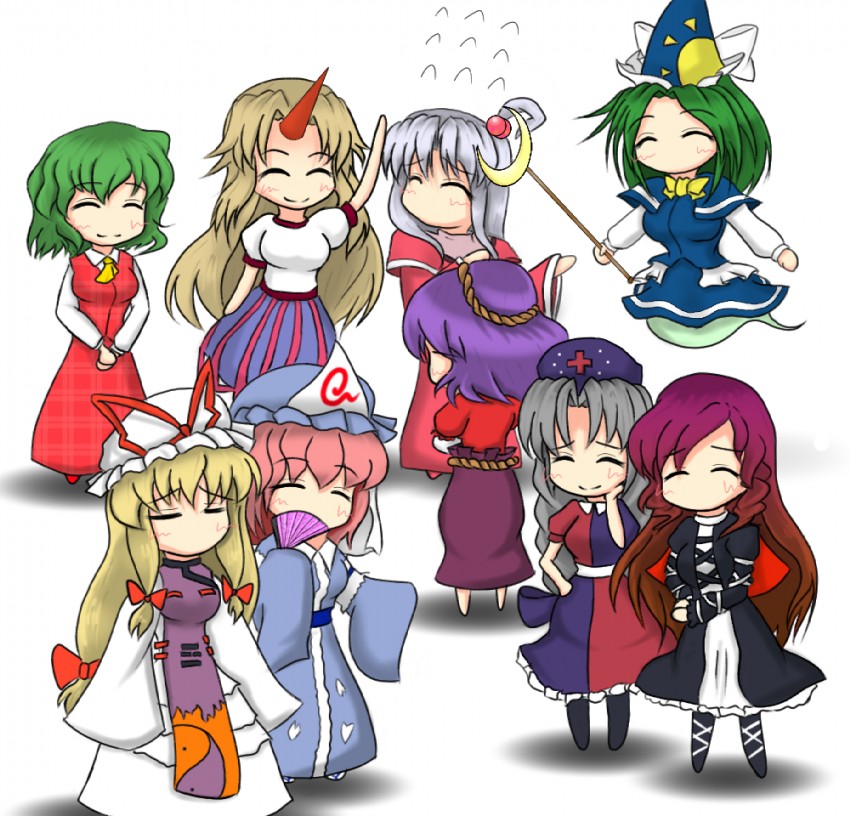 yakumo yukari, saigyouji yuyuko, kazami yuuka, hijiri byakuren, yasaka kanako, and 4 more (touhou) drawn by infinity_slope