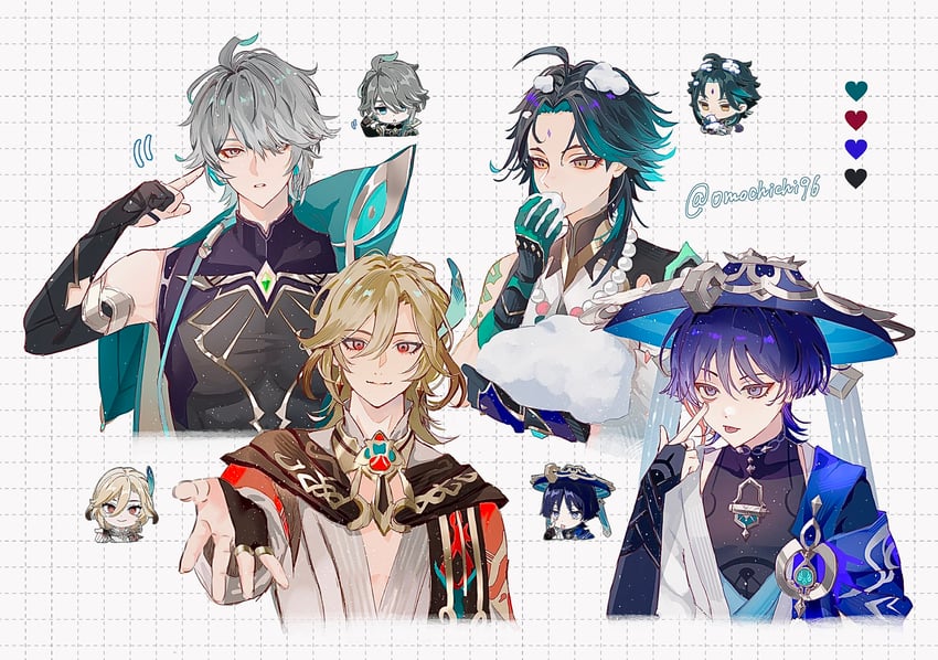 scaramouche, wanderer, xiao, alhaitham, and kaveh (genshin impact) drawn by omochichi96