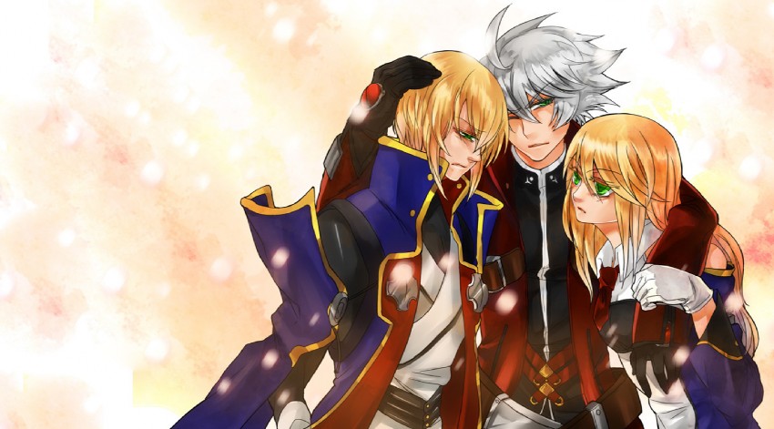 noel vermillion, ragna the bloodedge, and jin kisaragi (blazblue) drawn by sesame_ange