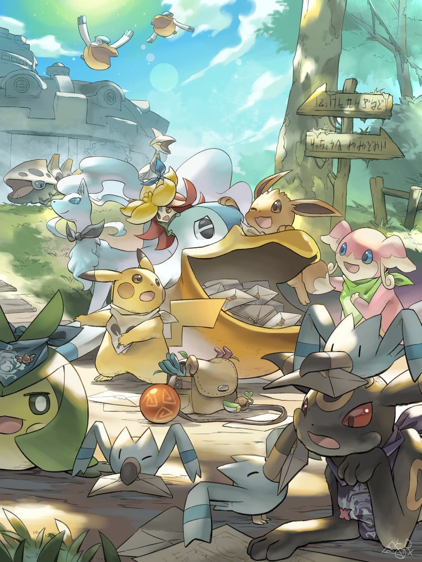 pikachu, eevee, umbreon, wingull, audino, and 6 more (pokemon and 1 more) drawn by yamaori_(hakkentai_pokedan)