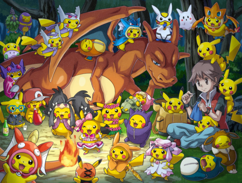 pikachu, red, eevee, charizard, gengar, and 22 more (pokemon and 1 more) drawn by pokemoa