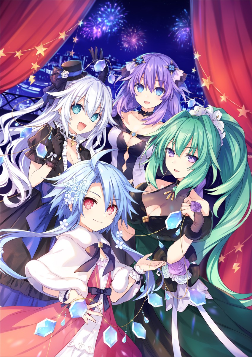 purple heart, black heart, white heart, and green heart (neptune) drawn by tsunako