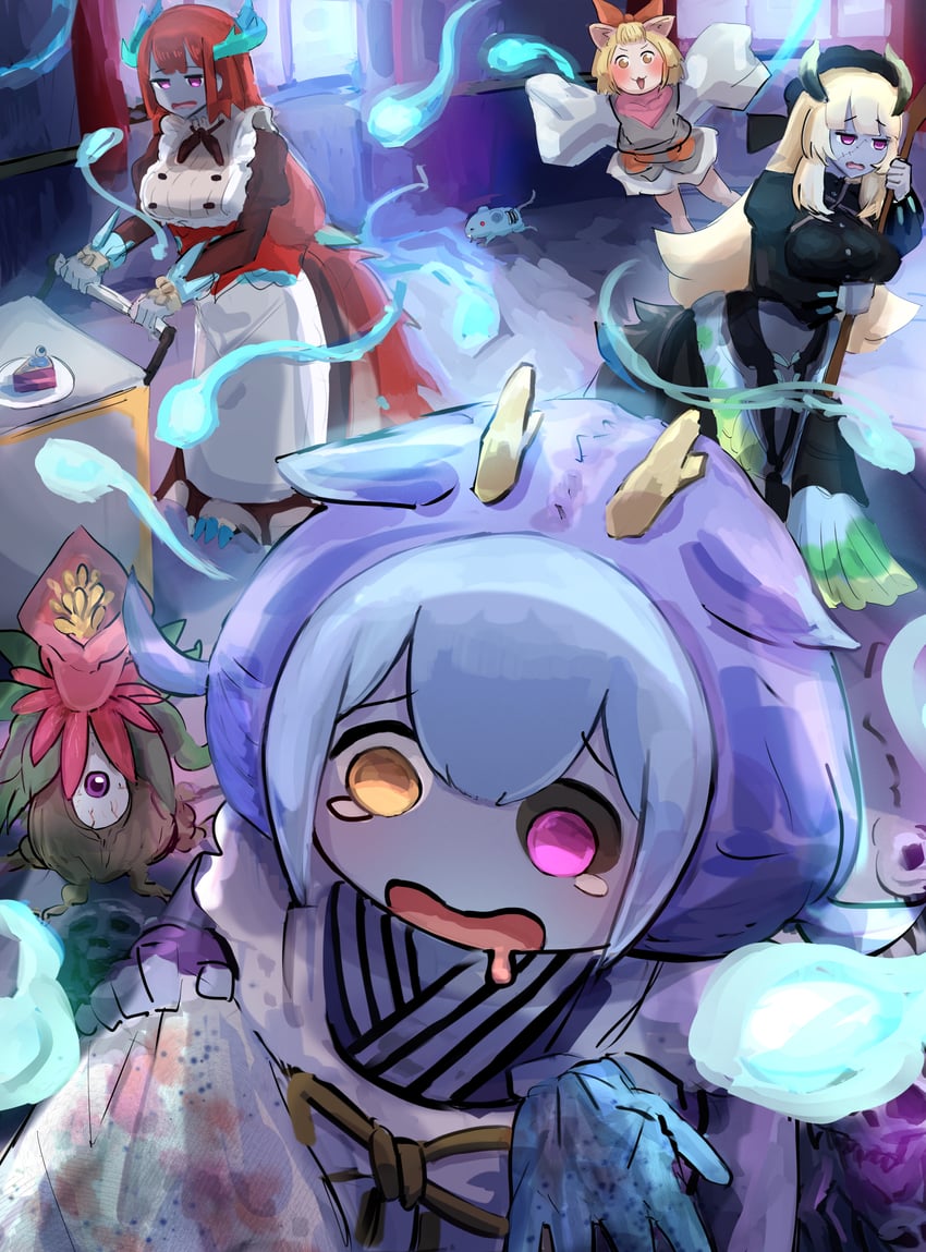 laundry dragonmaid, kitchen dragonmaid, chamber dragonmaid, ash blossom & joyous spring, glow-up bloom, and 2 more (yu-gi-oh!) drawn by hatano_kiyoshi