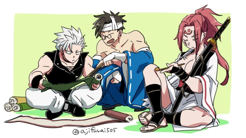 baiken, chipp zanuff, and mito anji (guilty gear and 1 more) drawn by asaya_minoru