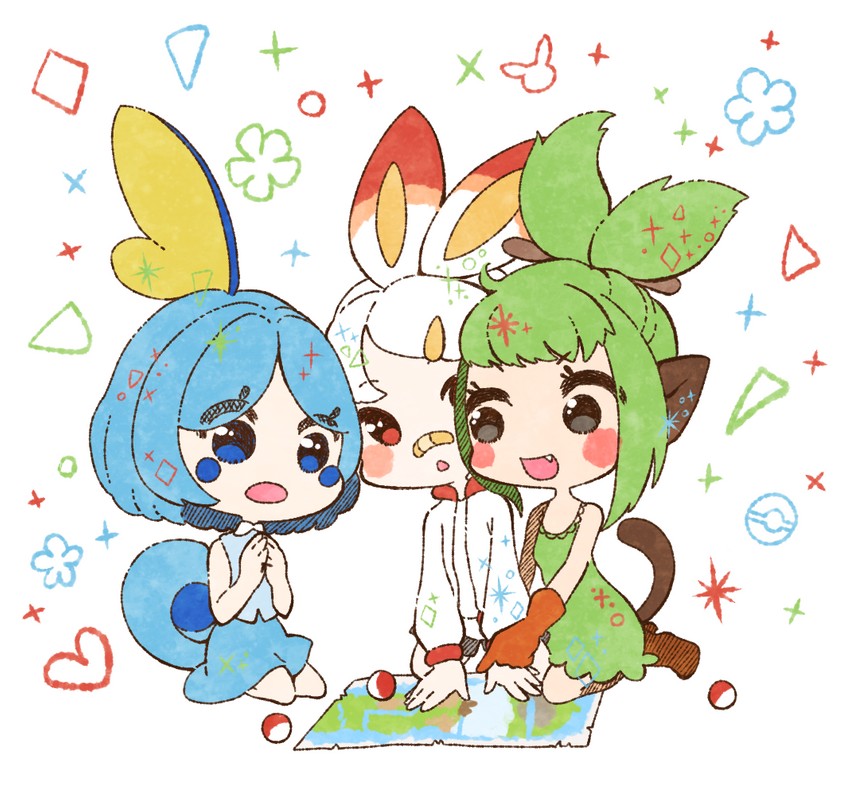 pikachu, scorbunny, sobble, and grookey (pokemon) drawn by muguet