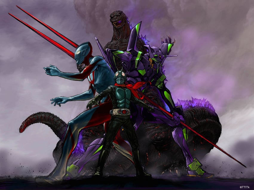 godzilla, eva 01, ultraman, and kamen rider 1 (neon genesis evangelion and 9 more) drawn by maeda_mahiro
