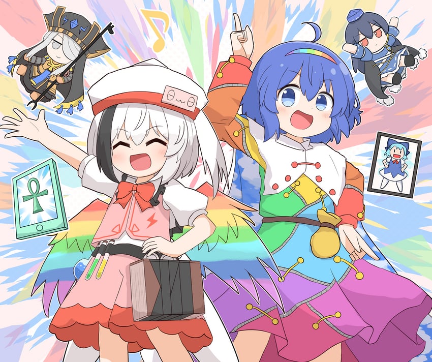 cirno, iizunamaru megumu, tenkyuu chimata, torisumi horou, and set-taishou (touhou and 2 more) drawn by coruthi