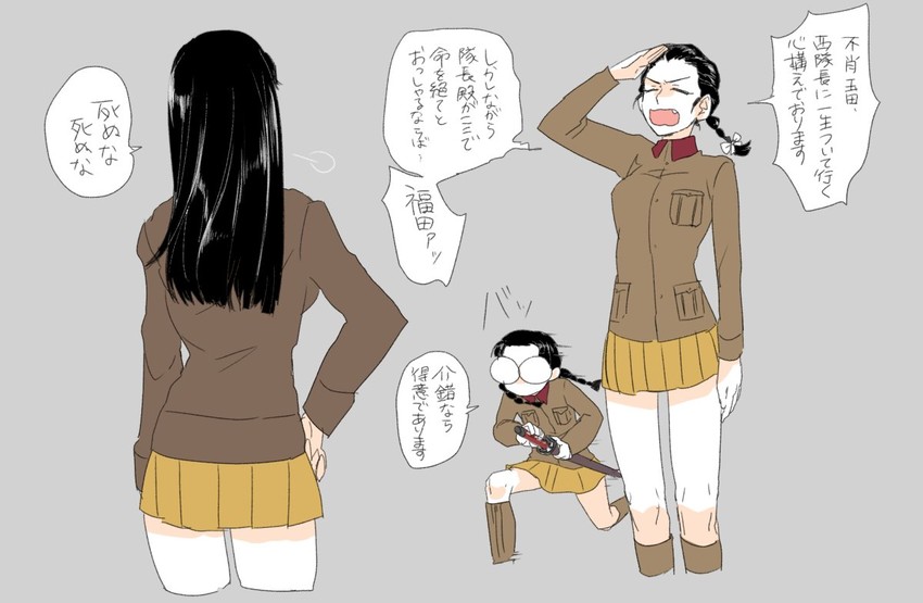 nishi kinuyo, fukuda haru, and tamada tamaki (girls und panzer) drawn by @hao379_pa