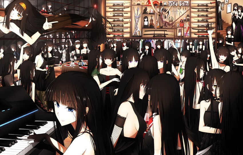 houraisan kaguya, akiyama mio, nagato, shibuya rin, kurosawa dia, and 61 more (touhou and 73 more) drawn by kurotsuki_yukiko