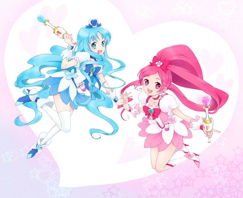 kurumi erika, hanasaki tsubomi, cure marine, and cure blossom (precure and 1 more) drawn by omari
