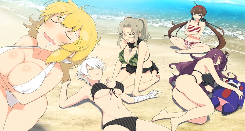 murasaki, ryouna, ryoubi, miyabi, bebe-tan, and 1 more (senran kagura and 1 more) drawn by yaegashi_nan