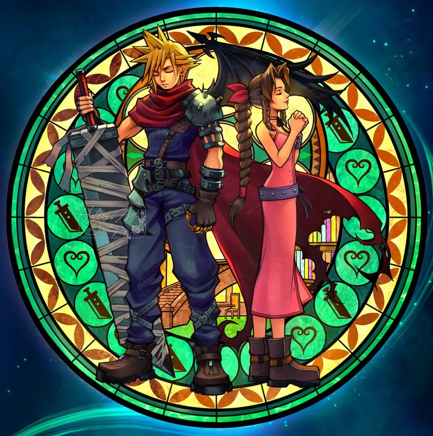 cloud strife and aerith gainsborough (final fantasy and 3 more) drawn by hollypolllyy