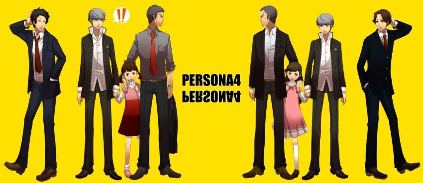 narukami yu, doujima nanako, adachi tooru, and doujima ryoutarou (persona and 1 more) drawn by moke_(raku-kana)