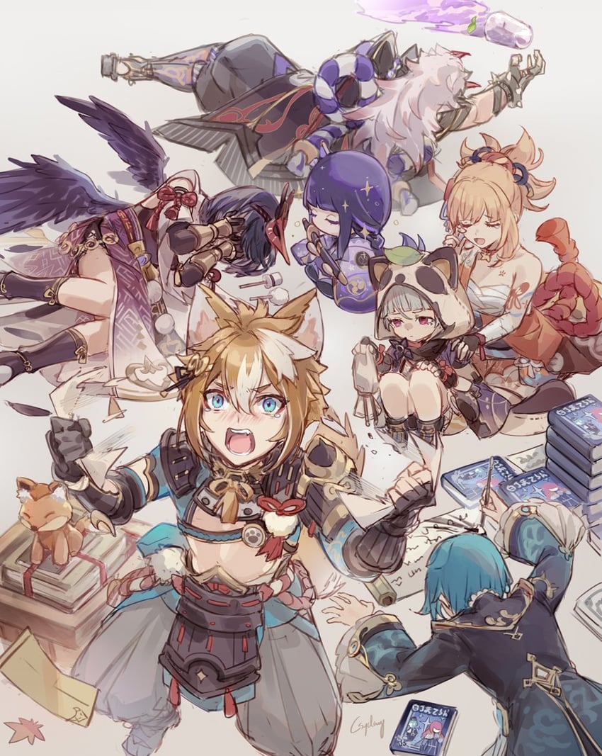 raiden shogun, yoimiya, kujou sara, xingqiu, arataki itto, and 2 more (genshin impact) drawn by csyday