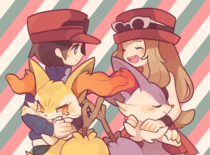 serena, calem, and braixen (pokemon and 1 more) drawn by maru_(umc_a)