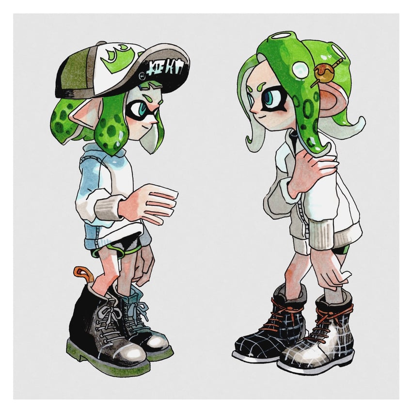 inkling player character, inkling girl, octoling player character, and octoling girl (splatoon) drawn by hyper_chikuwabu