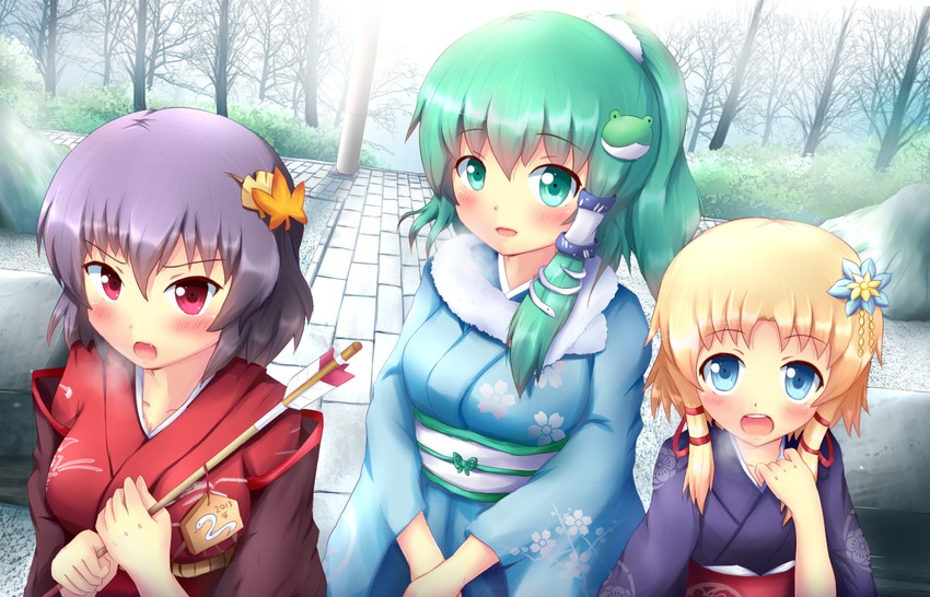 kochiya sanae, moriya suwako, and yasaka kanako (touhou) drawn by kane-neko