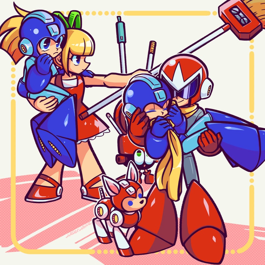 roll, mega man, proto man, rush, and eddie (mega man) drawn by laser-lance