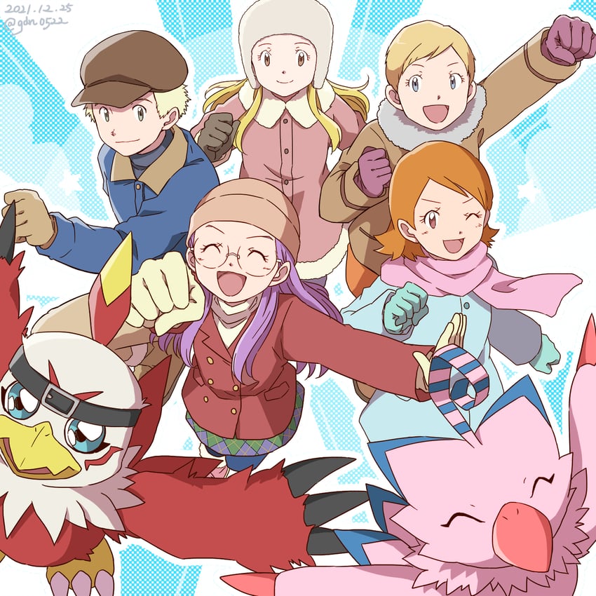 takenouchi sora, piyomon, inoue miyako, hawkmon, lara, and 2 more (digimon and 1 more) drawn by gdn0522