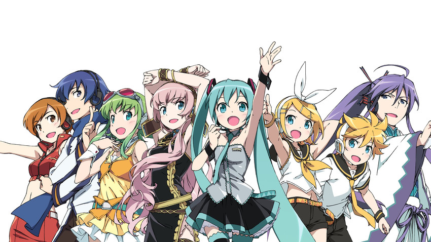 hatsune miku, kagamine rin, kagamine len, megurine luka, kaito, and 3 more (vocaloid and 1 more) drawn by kanzaki_hiro
