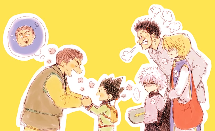 killua zoldyck, kurapika, gon freecss, leorio paladiknight, and tonpa (hunter x hunter) drawn by hanba_guyokota