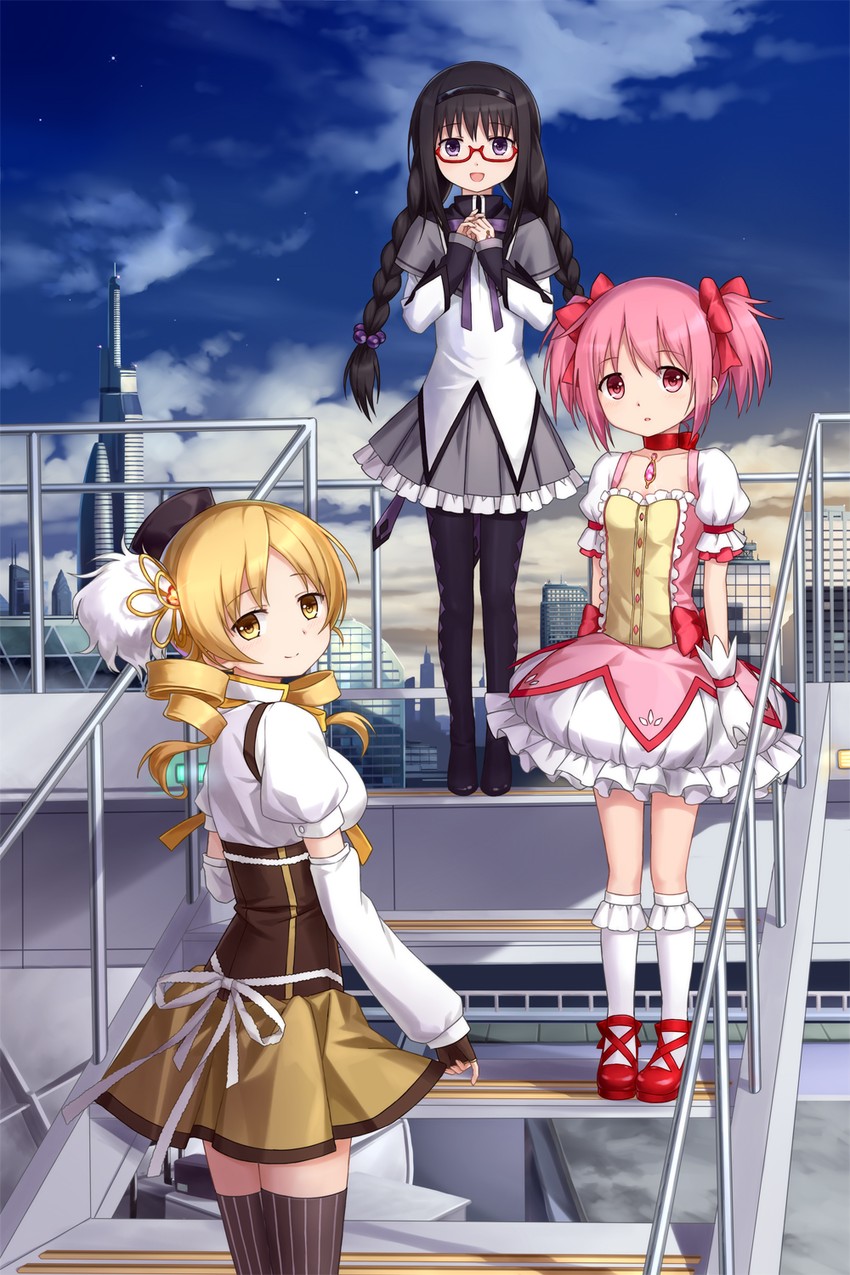 akemi homura, kaname madoka, and tomoe mami (mahou shoujo madoka magica) drawn by tucana