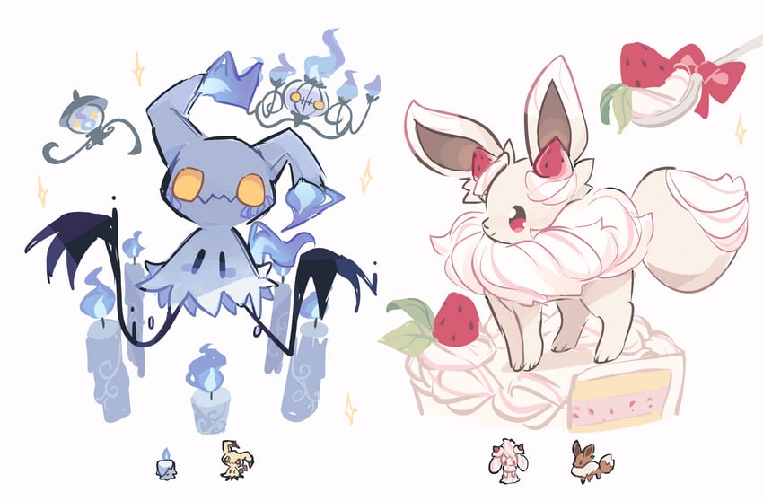 eevee, mimikyu, litwick, chandelure, alcremie, and 1 more (original and 1 more) drawn by charamells