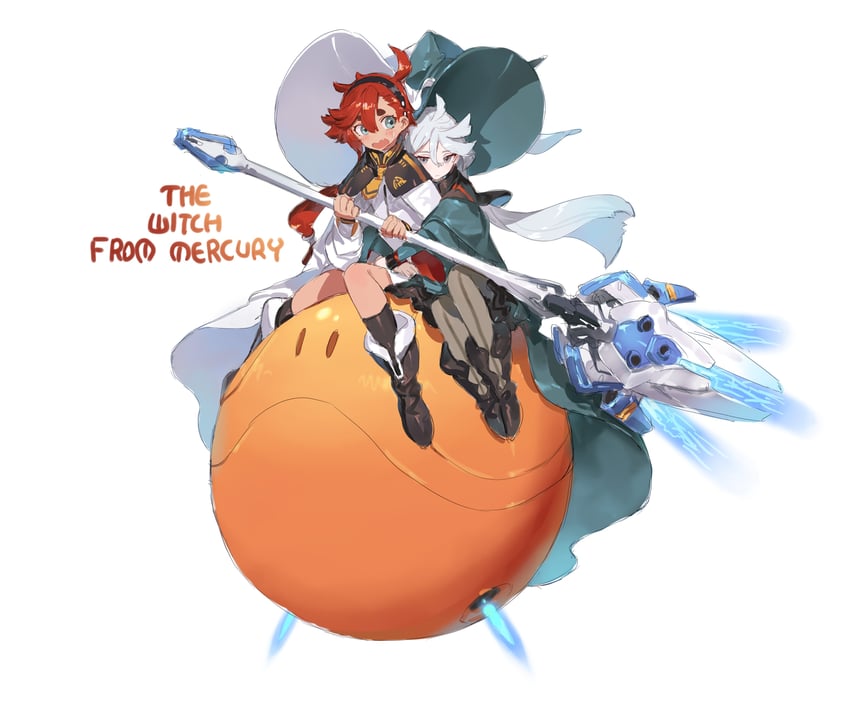 suletta mercury, miorine rembran, and haro (gundam and 1 more) drawn by hong_da