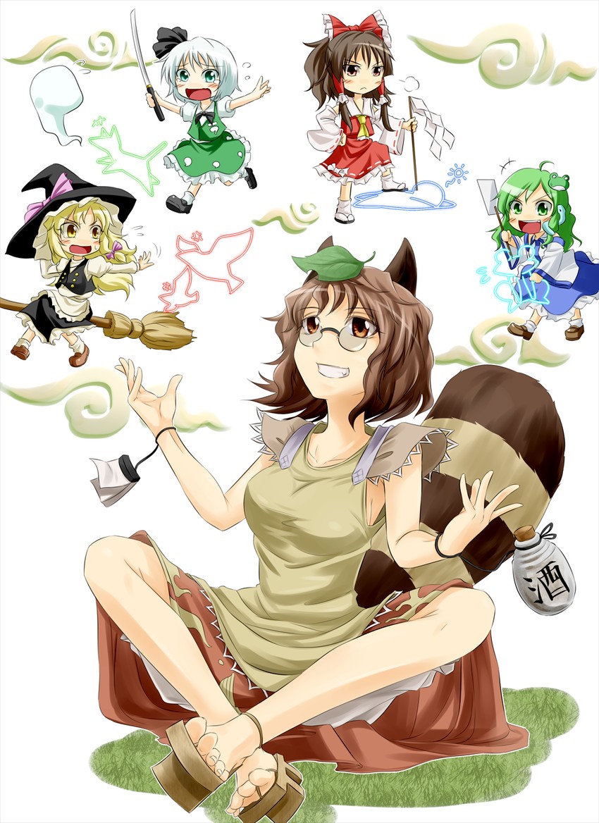 hakurei reimu, kirisame marisa, kochiya sanae, konpaku youmu, and futatsuiwa mamizou (touhou) drawn by kakao_(noise-111)