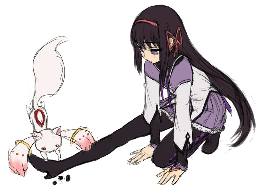 akemi homura and kyubey (mahou shoujo madoka magica) drawn by shirajira