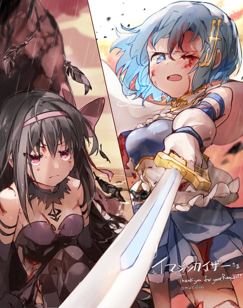 akemi homura, miki sayaka, and akuma homura (mahou shoujo madoka magica and 1 more) drawn by mzk0526