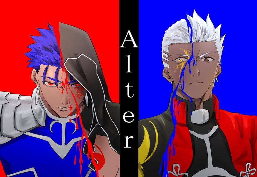 cu chulainn, archer, cu chulainn alter, and emiya alter (fate and 2 more) drawn by renkon_eko