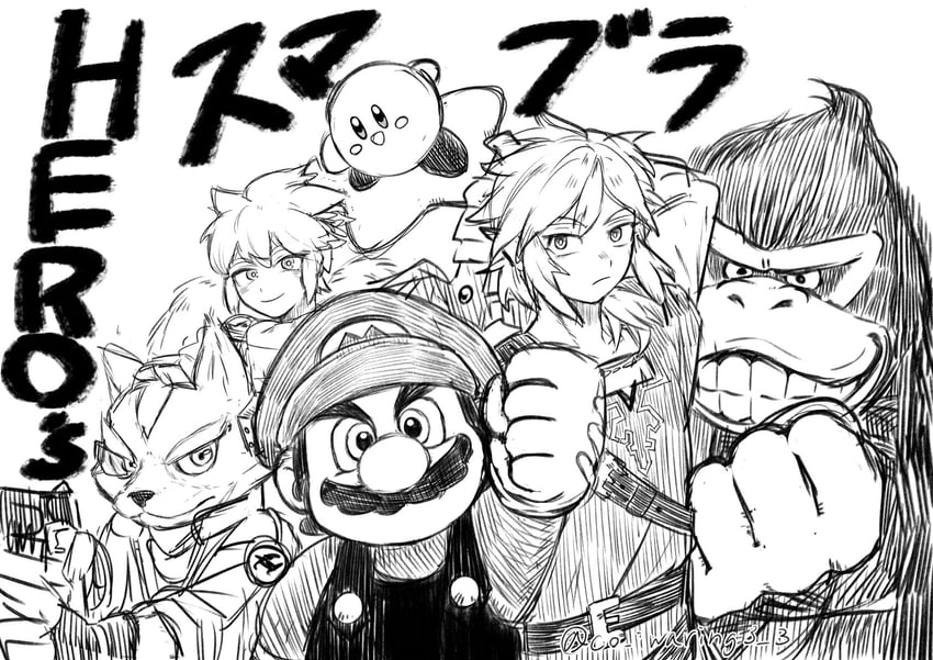 link, kirby, mario, pit, donkey kong, and 1 more (the legend of zelda and 8 more) drawn by ko_iwari_ngo