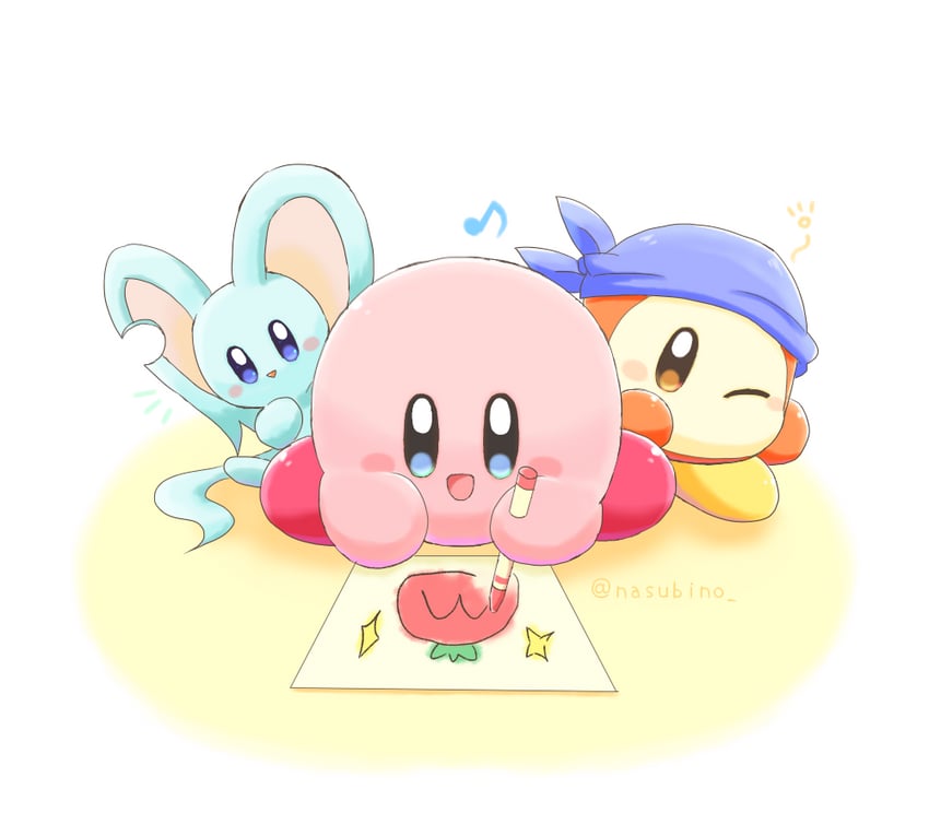 kirby, bandana waddle dee, and elfilin (kirby) drawn by nasubino_(ramowarabi)